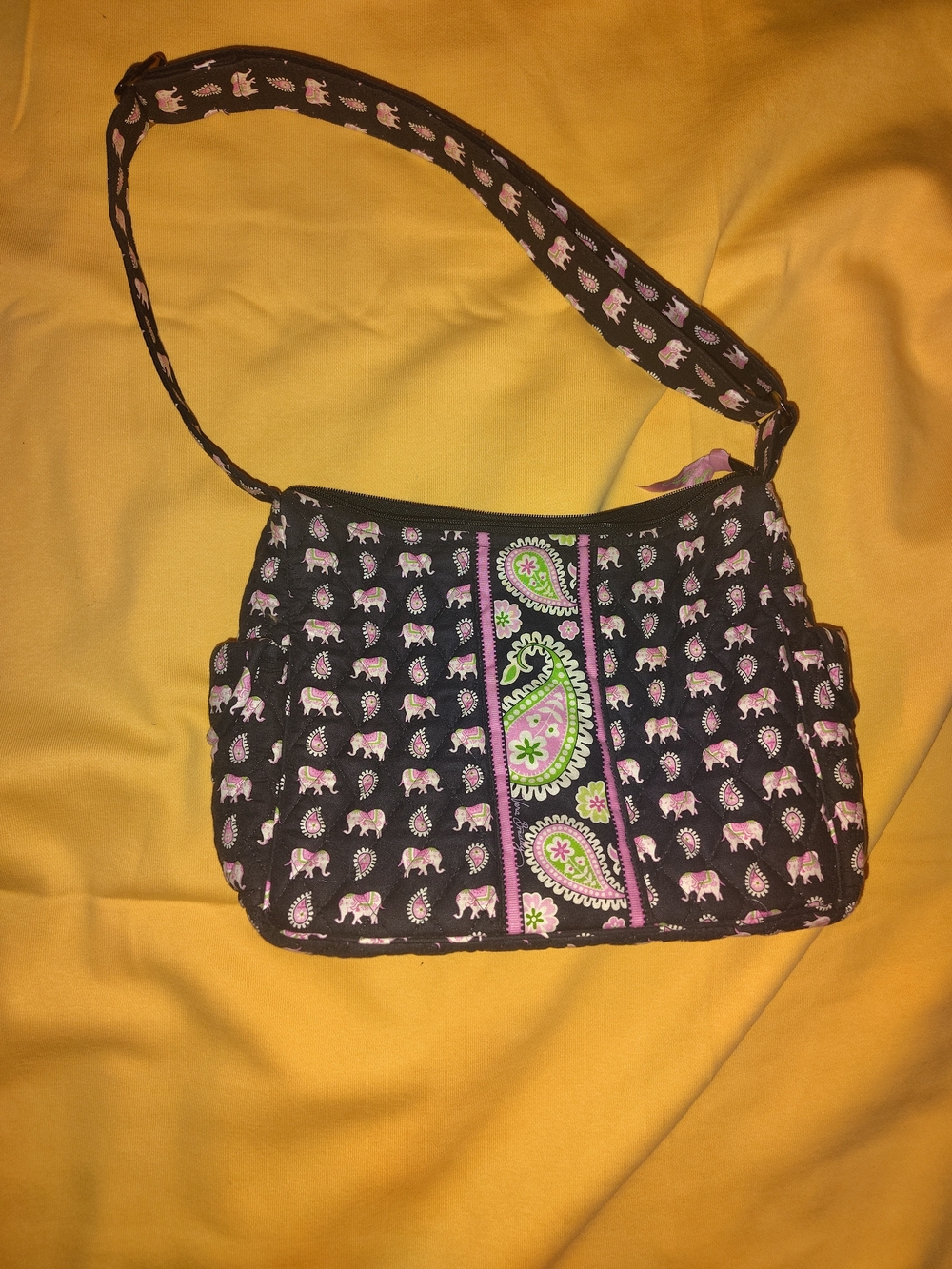 Vera Bradley Black Quilted Shoulder Bag with Pink Elephant Print